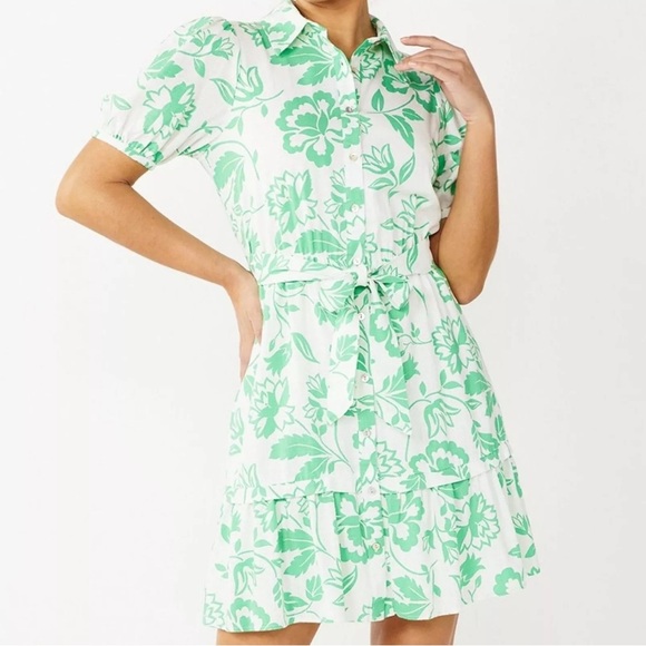 Draper James Dresses & Skirts - Draper James Puff Sleeve Green Floral Dress Size Medium Linen Blend Button Up